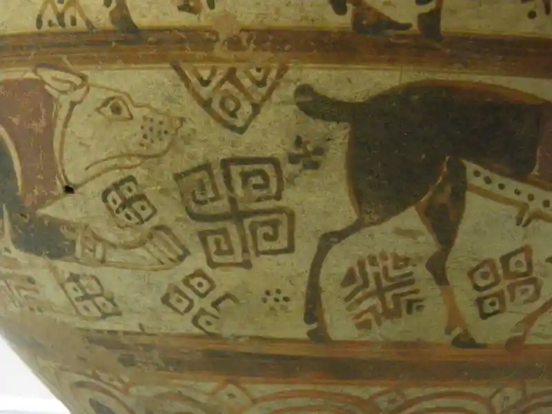 Swastika with extended squarish spiral arms on a vase, located at Archaeological Museum of Izmir, Turkey.